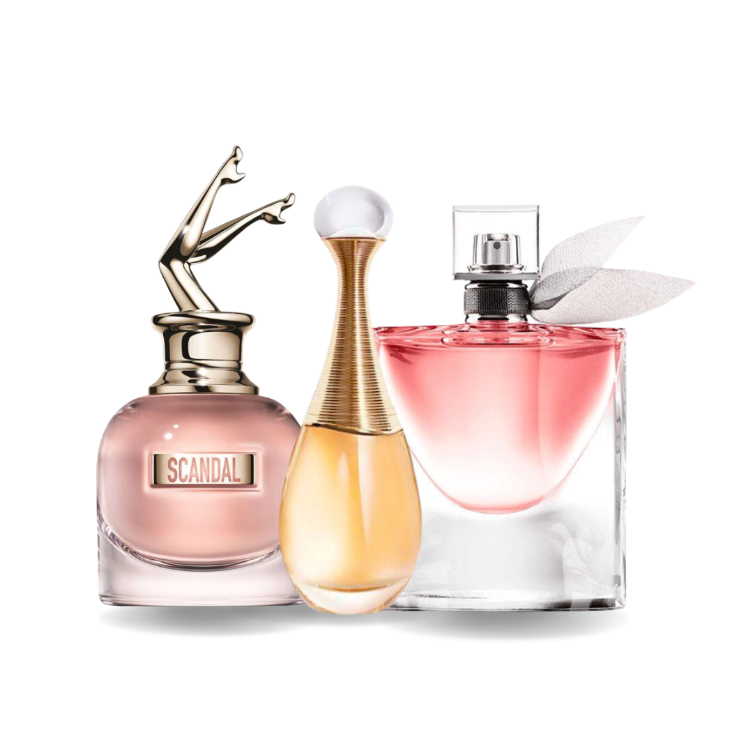 Pack de 3 Perfumes : Jean Paul Gaultier Scandal, Dior J’adore & Lancôme La Vie Est Belle – Eau de Parfum – 100 ml chacun