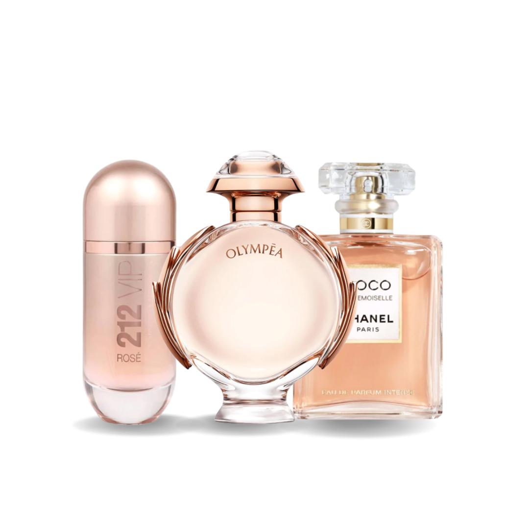 Pack de 3 Perfumes : Carolina Herrera 212 VIP Rosé, Paco Rabanne Olympéa & Chanel Coco Mademoiselle – Eau de Parfum – 100 ml chacun
