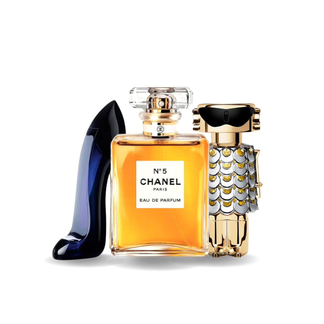 Pack de 3 Perfumes : Carolina Herrera Good Girl, Chanel Nº5 & Paco Rabanne Fame – Eau de Parfum – 100 ml chacun