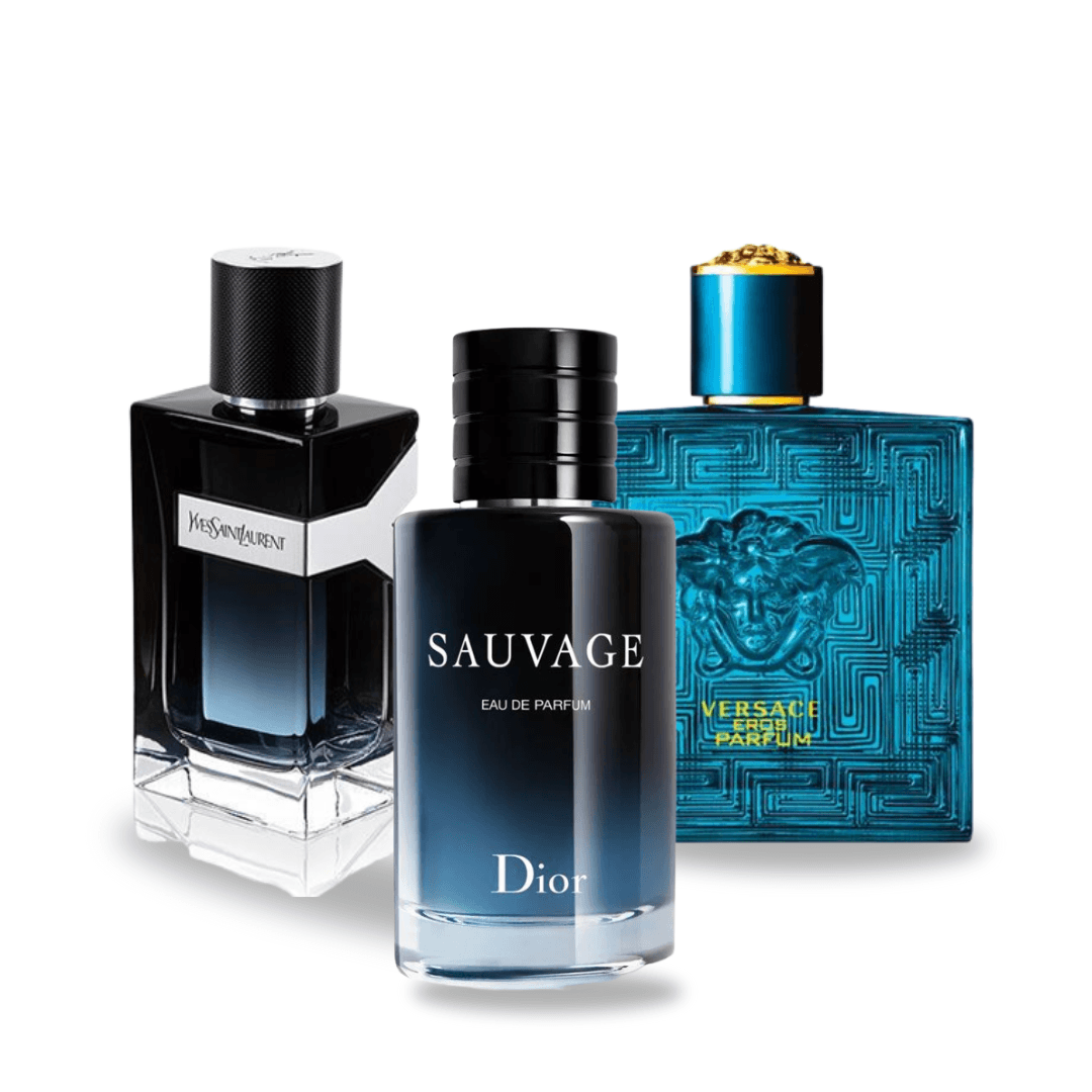 Caja de 3 perfumes : Dior SAUVAGE, Yves Saint Laurent Y MEN, Versace EROS – Eau de Parfum 100 ml